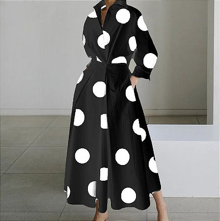 Vestido manga comprida com estampa pontada para mulheres, elegante vestido maxi,