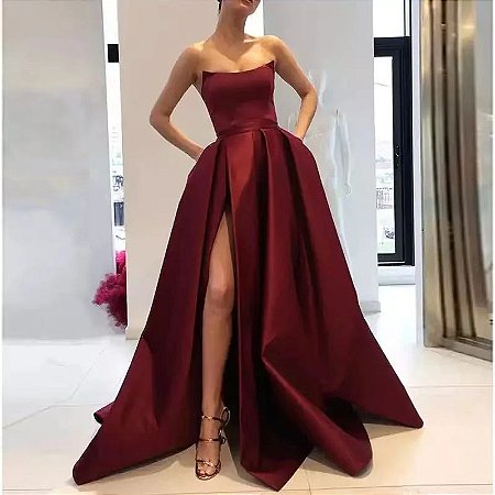 Vestidos de baile Borgonha com bolsos para mulheres, fenda lateral, cetim sem al