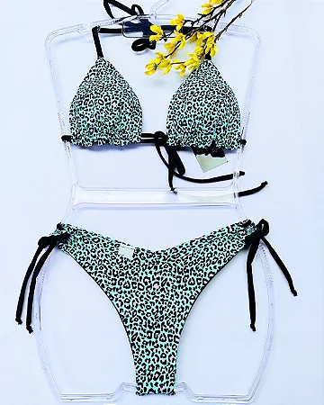 Biquíni cortininha animal print verde/fúcsia