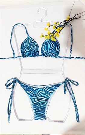Biquíni cortininha lacinho ( estampa azul )