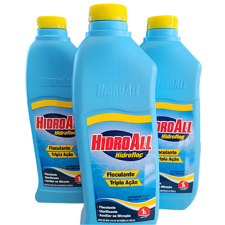 KIT Com 3 Frascos de Clarificante Hidrofloc Tripla Ação HCL Hidroall 1L – Não Altera pH