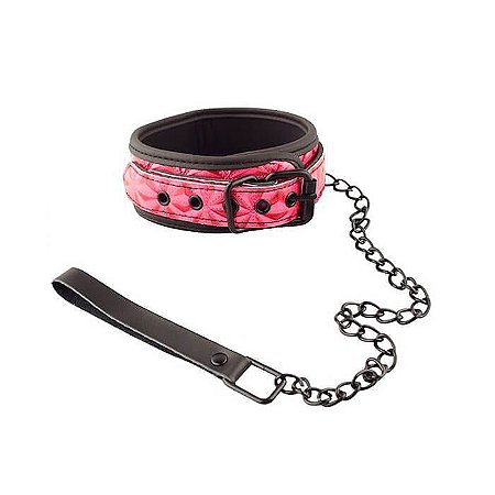 Coleira Ajustável Pink com Corrente e Guia - Collar with Leash Pyramid Pattern