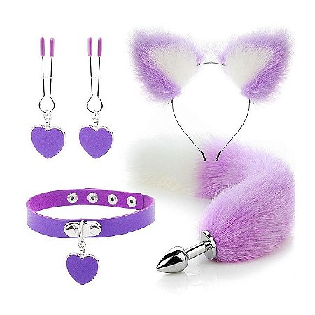 Kit de Plug Anal Rabo de Raposa com Tiara de Orelhinhas Coleira e Grampo de Seios - SI