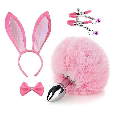 Kit de Plug Anal Pompom com Tiara de Orelhas de Coelho Gravata e Grampos para Mamilos - SI
