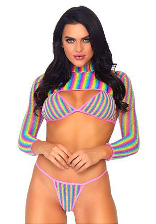 Conjunto Arrastão Calcinha E Sutiã com Top Manga Comprida - Leg Avenue