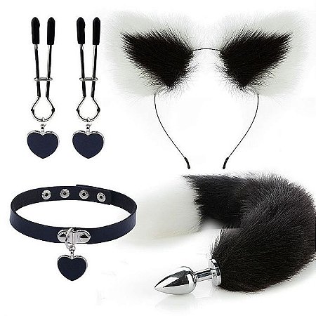 Kit de Rabo de Raposa com Tiara de Orelhas Preta - SI