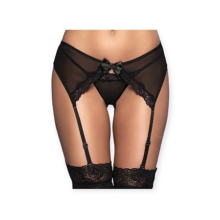 Cinta Liga em Tule e Renda Preta com Calcinha - Yaffa