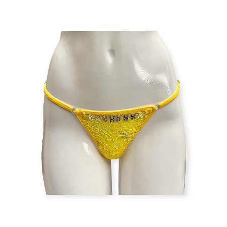 Calcinha Fio Dental de Renda com Frase Frontal Cachorra - Yaffa