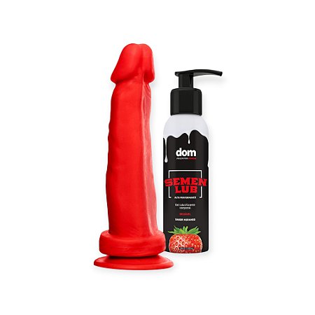 Kit Morango do Amor com Pênis Ejaculador Vermelho 16cm x 4cm + Semen Lub Morango - Adão e Eva