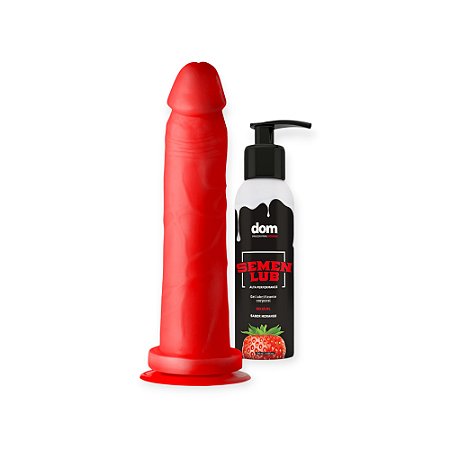 Kit Morango do Amor com Pênis Ejaculador Vermelho 21cm x 4,5cm + Semen Lub Morango - Adão e Eva