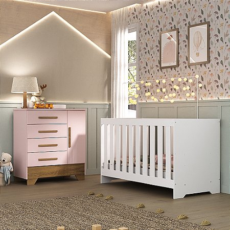 Conjunto Quarto de Bebê Colorir Berço e Cômoda Rosa/Nature - Moville -  Moville - Móveis para sua Casa você encontra aqui