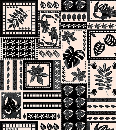 Estampa GRAZIE – Patchwork Tropical Preto e Bege | Tecido Tricoline Digital 100% Algodão (0,50x1,50m)
