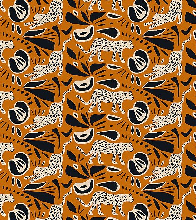 Estampa TALI – Onças e Folhagens Tropicais em Fundo Caramelo | Tecido Tricoline Digital 100% Algodão (0,50x1,50m)