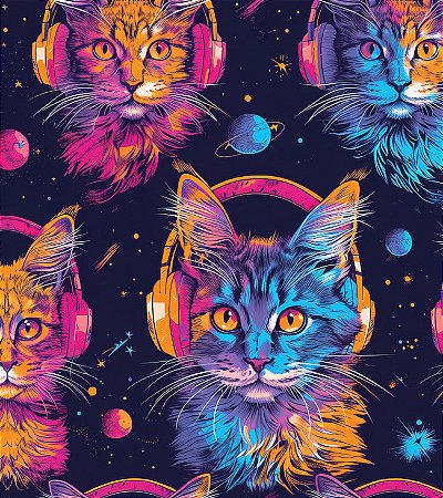 Estampa DALI – Gatos Cósmicos com Fones de Ouvido | Tecido Tricoline Digital 100% Algodão (0,50x1,50m)