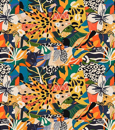 Estampa MIX – Folhagens Tropicais, Onça e Arte Colorida | Tecido Tricoline Digital (0,50x1,50m)