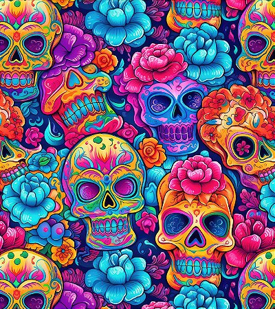 Estampa FIESTA – Caveiras Coloridas e Flores Mexicanas | Tecido Tricoline Digital 100% Algodão | Stella Hoff