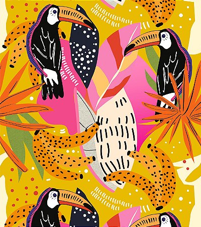Estampa LUMI – Tucanos, Folhagens Tropicais e Formas Orgânicas | Tecido Tricoline Digital 100% Algodão