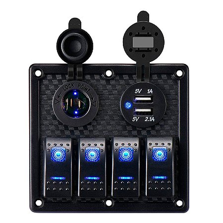 Painel Comando Náutico 4 Funções Voltímetro USB 12V Lancha