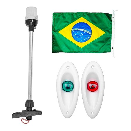 Kit Luz de Navegação Olho De Tubarão + Mastro 40cm LED + Bandeira Brasil