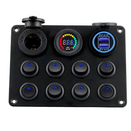 Painel Comando Náutico 8 Funções Voltímetro USB 12V Lancha