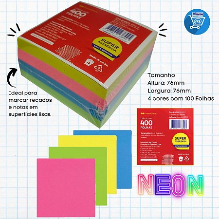 Bloco de Notas Adesivas Frama 76x76mm 4 cores Neon 400 folhas