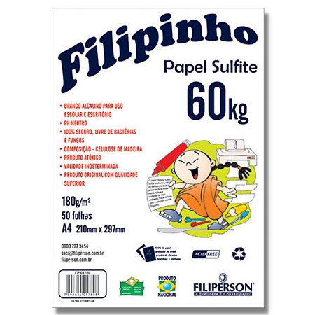 Papel Sulfite 60k 180g/m² Branco 50 fls Filiperson
