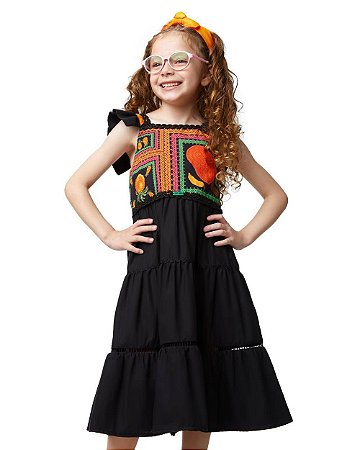 Vestido Preto Patchwork De Frutas Kids