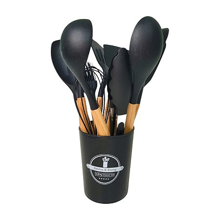 Kit 12 Utensílios de Cozinha em Silicone e Cabo de Madeira