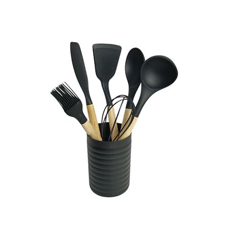 Kit 7 Utensílios de Cozinha em Silicone e Cabo de Madeira BK