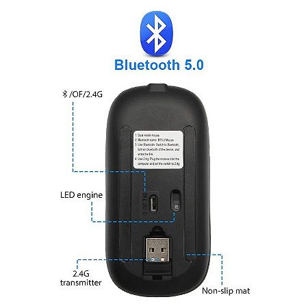 Mouse sem fio recarregável para jogos, PC, Notebook, RGB; Bluetooth com LED