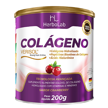 Colágeno Verisol + Ácido Hialurônico 200g | Herbolab – Sabor Cranberry, Pele Firme, Unhas e Cabelos Fortes