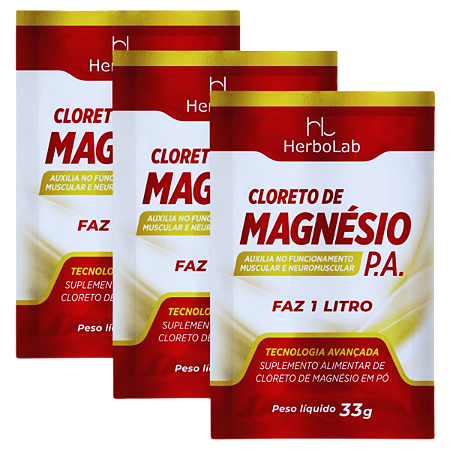 Kit 3 Cloreto de Magnésio P.A. – Sachês de 33g Cada | Herbolab – Equilíbrio Muscular e Bem-Estar Diário