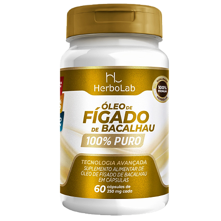 Óleo de Fígado de Bacalhau 100% Puro – 60 Cápsulas | Herbolab – Fonte Natural de Ômega 3, Vitamina A e D