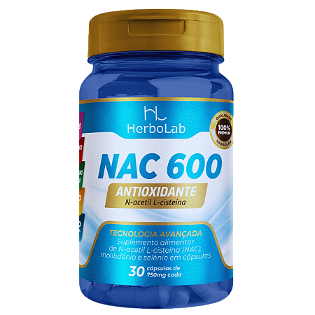 N-Acetilcisteína (NAC) 600mg – 30 Cápsulas | Herbolab – L-Cisteína para Detox, Pulmões e Imunidade