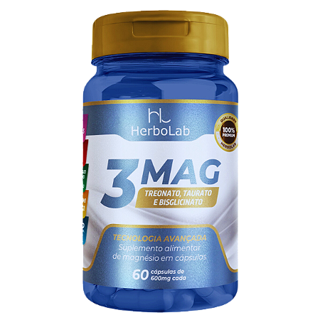 Magnésio 3Mag 600mg com Treonina e Taurina – 60 Cápsulas | Herbolab – Equilíbrio Muscular, Sono e Sistema Nervoso