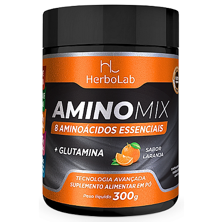 AminoMix HerboLab com Glutamina – 8 Aminoácidos Essenciais + BCAA – Sabor Laranja – 300g