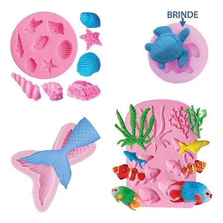 Kit: Molde De Silicone Fundo do Mar 3 peças + Brinde