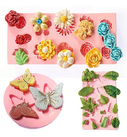 Kit: Molde De Silicone Folhas e Flores - 3 peças