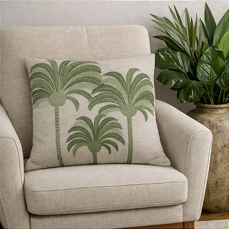 CAPA DE ALMOFADA LINHO COQUEIROS VERDE DECORATIVA 45x45 CM