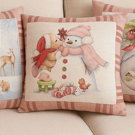 CAPA DE ALMOFADA LINHO BONECO DE NEVE NATAL ROSE 45x45