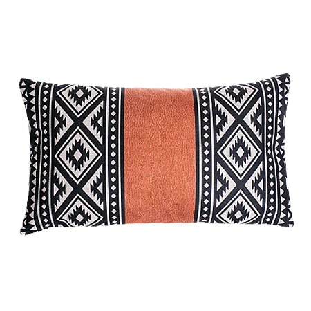 CAPA DE ALMOFADA LINHO RETANGULAR BAGUETE TRIBAL TERRACOTA PRETO 30x50 CM