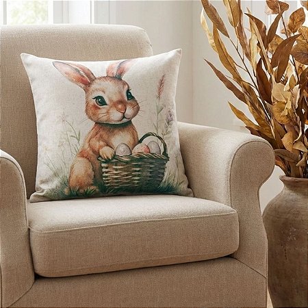 CAPA DE ALMOFADA LINHO COELHO OVOS PASCOA 45x45