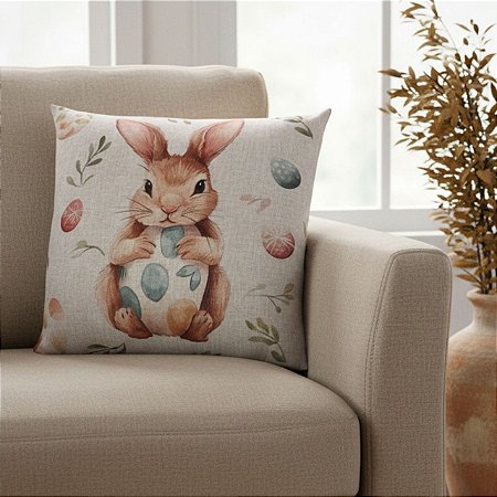 CAPA DE ALMOFADA LINHO COELHO OVOS PASCOA 45x45