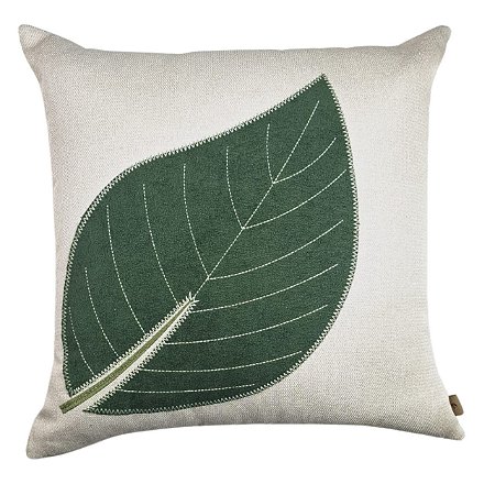 CAPA ALMOFADA LINHO BORDADA FOLHA VERDE 50X50CM