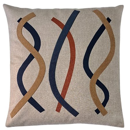 CAPA ALMOFADA LINHO APLIQUE BOUCLE ESTAMPA 45X45CM AZUL MOSTARDA