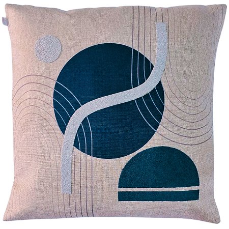 CAPA ALMOFADA LINHO APLIQUE BOUCLE ESTAMPA 45X45CM AZUL MARI
