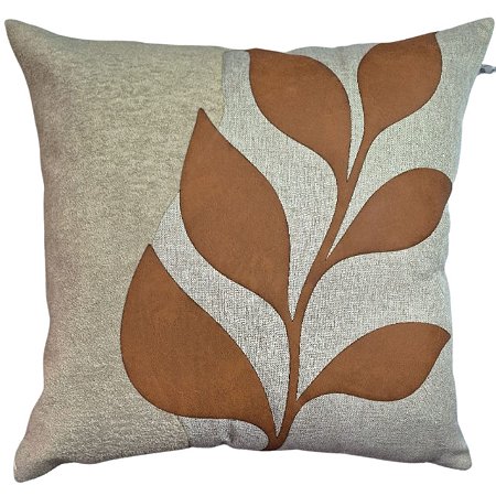 CAPA DE ALMOFADA LINHO COM APLICACAO COURO CARAMELO 50X50 CM