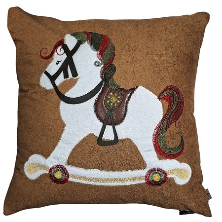 CAPA DE ALMOFADA  BOUCLE  BORDADA CAVALO COM POMPOM NATAL 50X50CM
