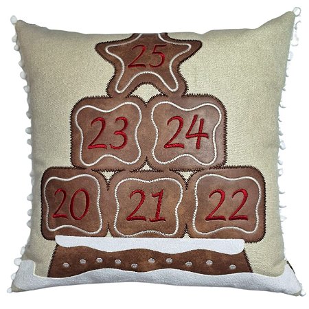 CAPA DE ALMOFADA LINHO BORDADA ARVORE NATAL CALENDARIO 50X50CM