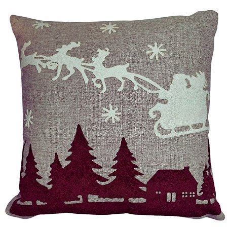 CAPA DE ALMOFADA LINHO APLIQUE BOUCLE NATAL TRENO 50X50 CM